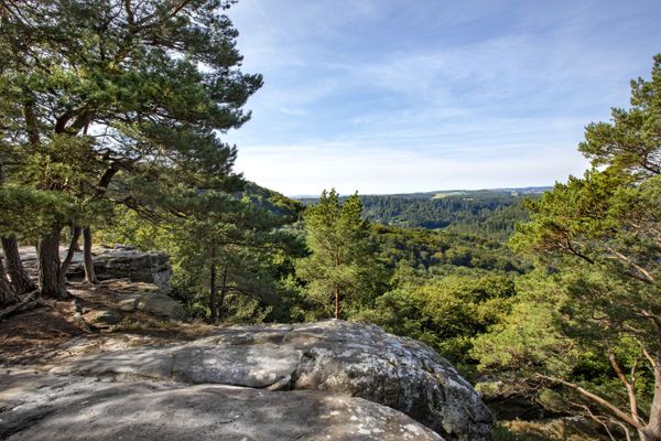 Scenic view of the Berdorf landscape with trees and rock formations