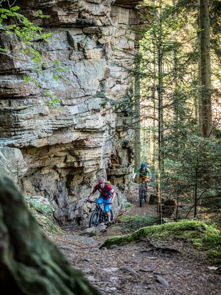 Twee mountainbikers rijden op het mountainbikepad 