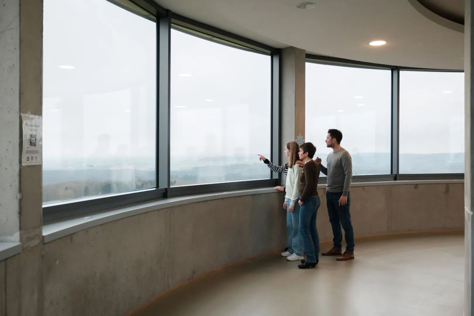 Quatre personnes regardent le paysage à travers de grandes fenêtres dans l'Aquatower de Berdorf.
