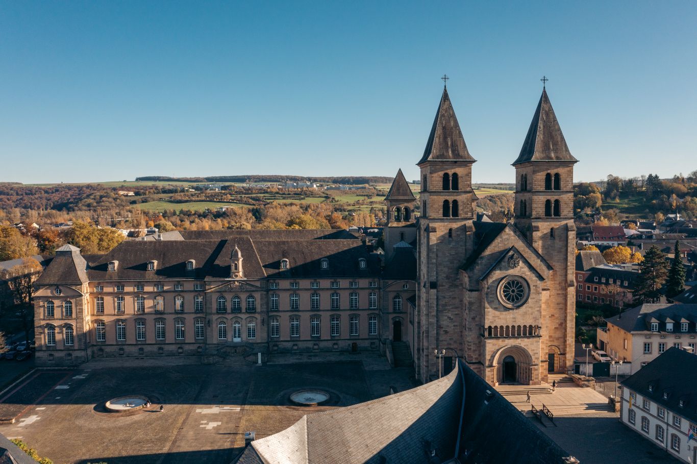 Aerial view of the Basilica in Echternach on a clear day.